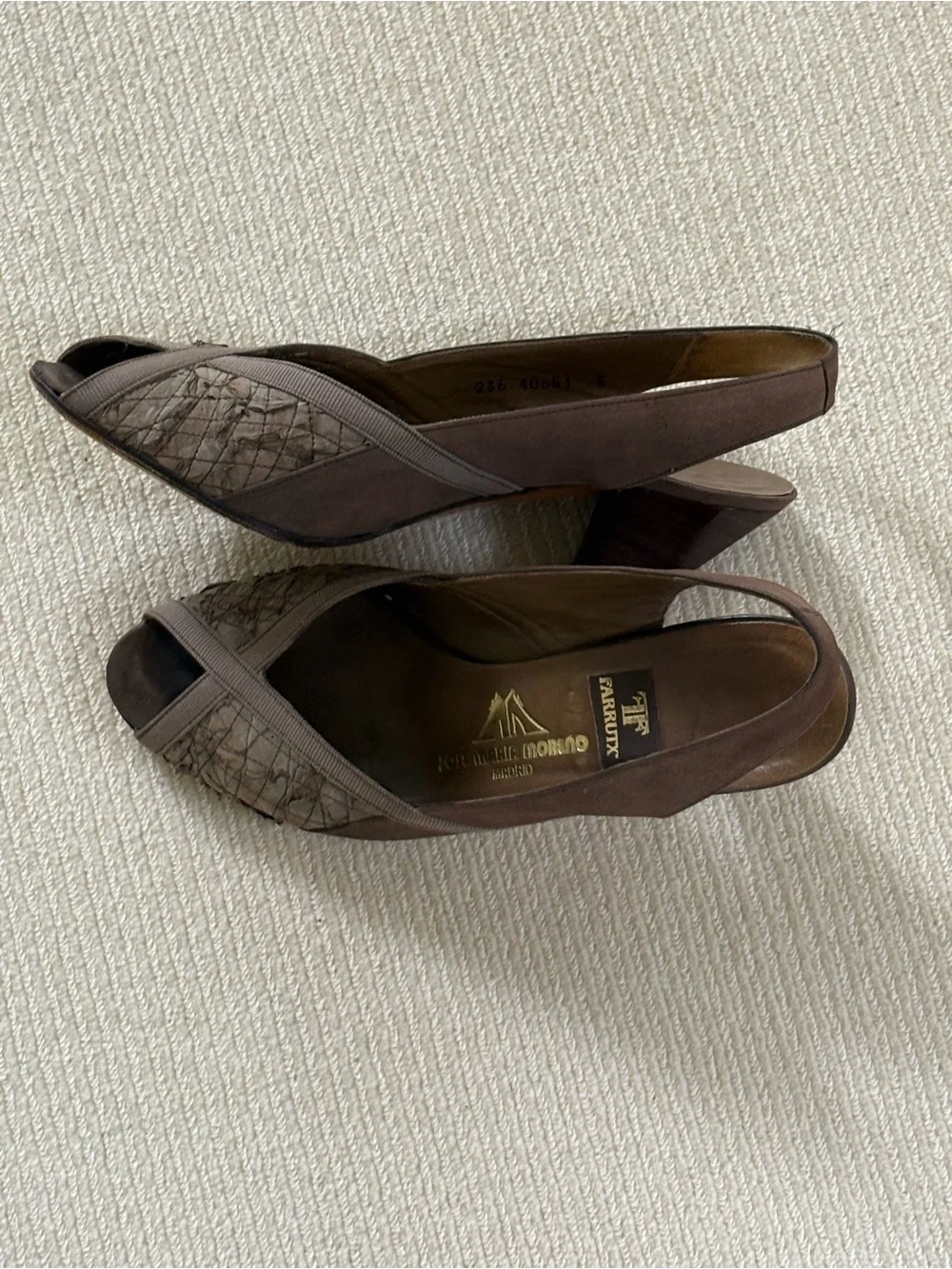 Farrutx Taupe Brown Slingback Peep-Toe Textured Heels